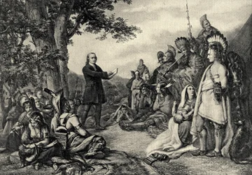 John Wesley predikt aan de Indianen in Georgia in 1736